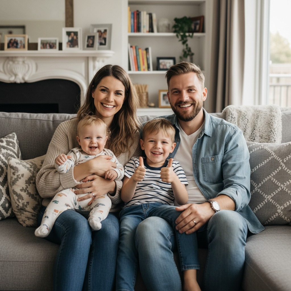 gera uma familia feliz no sofa